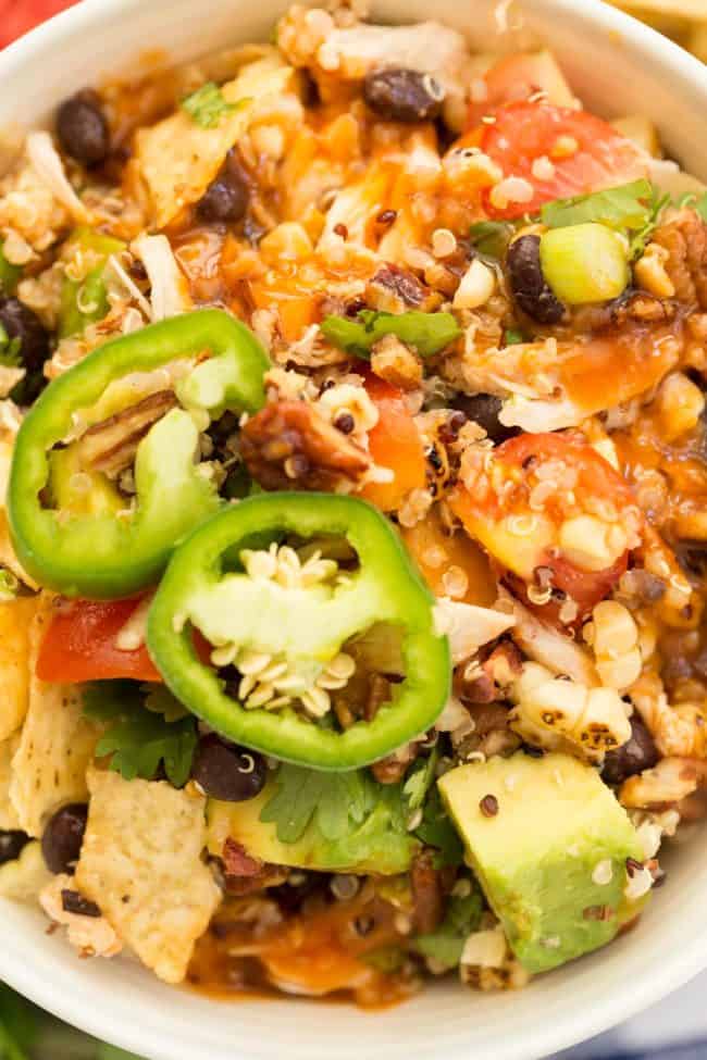 A white bowl of quinoa Southwest salad.