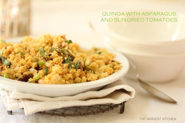 This Quinoa with Asparagus and Sun Dried Tomatoes Side Dish is delicious with grilled chicken or fish and it also makes a delicious vegan main