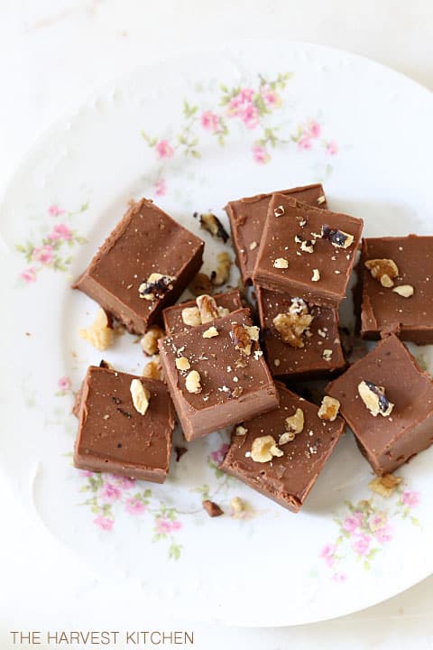 A white plate filled wit squares of homemade candy.