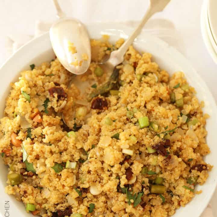 This Quinoa with Asparagus and Sun Dried Tomatoes Side Dish is delicious with grilled chicken or fish and it also makes a delicious vegan main