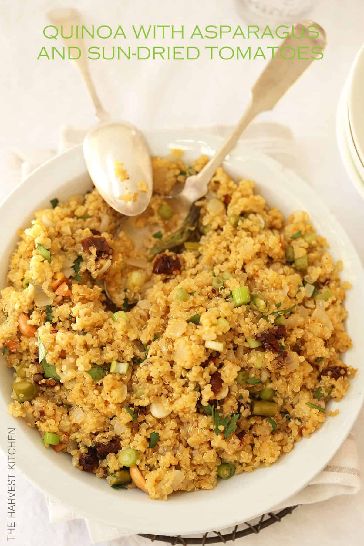 This Quinoa with Asparagus and Sun Dried Tomatoes Side Dish is delicious with grilled chicken or fish and it also makes a delicious vegan main