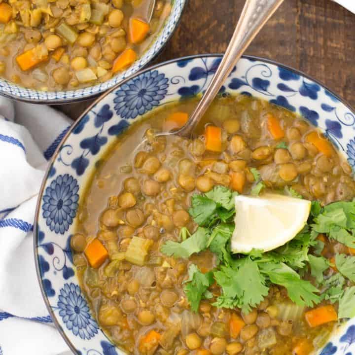 This Vegan Lentil Soup is made with carrots, celery, onion, garlic, Madras curry powder, and vegetable broth. It's quick and easy to make