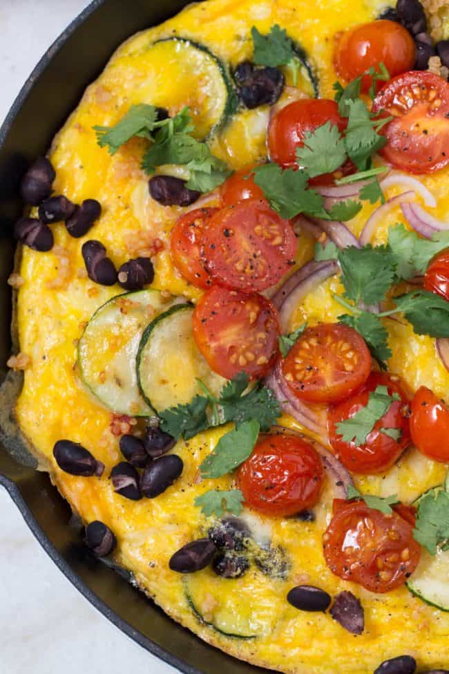 This Spanish Frittata is loaded with zucchini, onion, garlic, black beans, quinoa, a little cheese and of course eggs