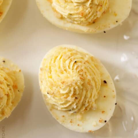 A white plate filled with Boursin Deviled Eggs.