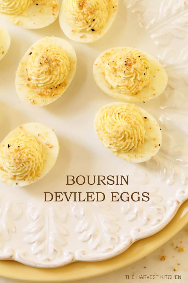 A white plate filled with Boursin Deviled Eggs.