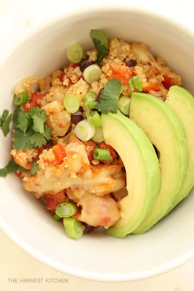 This Chicken Burrito Bowl with Quinoa is a delicious blend of chicken, quinoa, tomatoes and black beans all seasoned with classic Mexican flavors