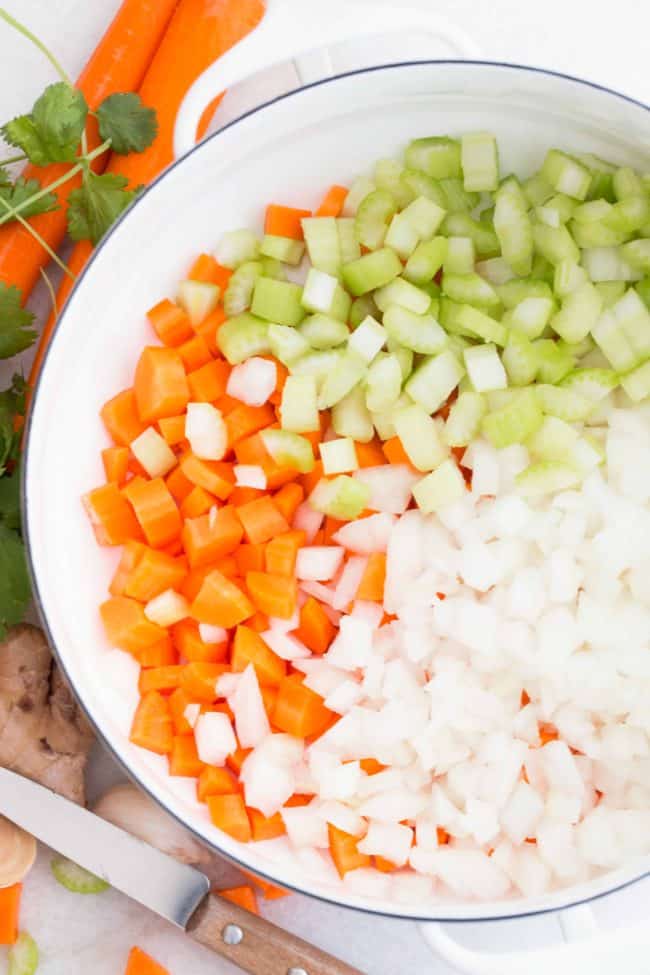 This Carrot Ginger Soup Recipe is made with carrots, celery, onion, ginger and garlic all simmered in a vegetable broth, then blended until smooth and silky