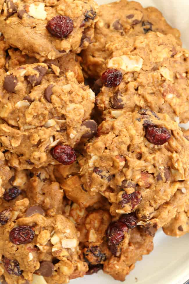These Gluten-Free Trail Mix Cookies are made with gluten-free oats, quinoa flour, almonds, sunflower seeds, coconut, cranberries and dark chocolate chips