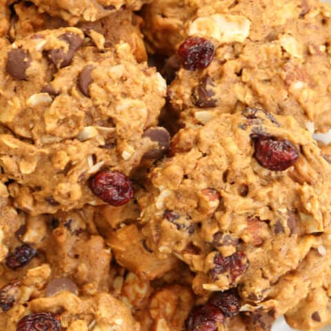 These Gluten-Free Trail Mix Cookies are made with gluten-free oats, quinoa flour, almonds, sunflower seeds, coconut, cranberries and dark chocolate chips