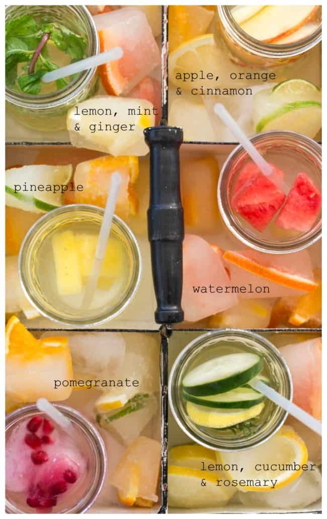Several glasses filled with cut pieces of fruit.