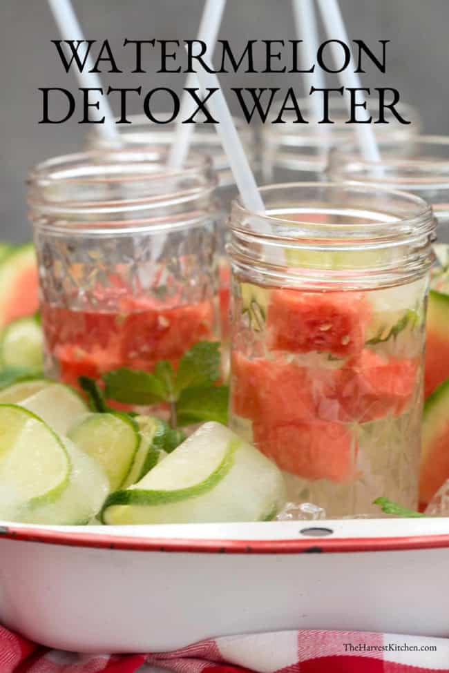 Four glasses of water filled with fresh watermelon cubes in liquid.