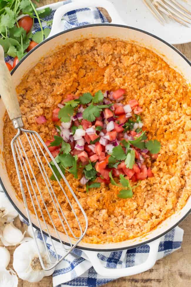 A white pot of Mexican Cauliflower Rice.