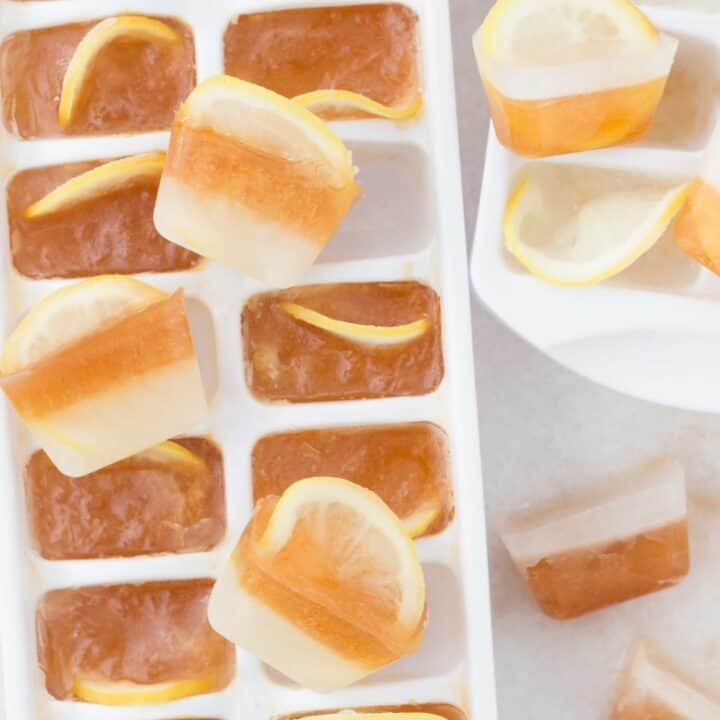 These refreshing Arnold Palmer Ice Cubes keep tea from diluting and they add a pop of flavor to a tall glass of lemonade and water