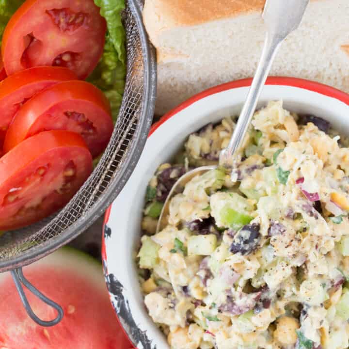 This Chickpea Tuna Salad is made with canned chickpeas, onion, celery, kalamata olives, parsley and parmesan cheese all tossed in a delicious dressing