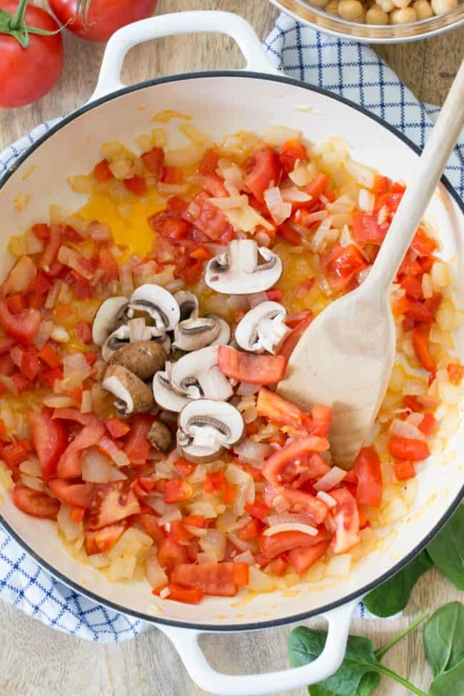 pan of sauteed onions and red peppers