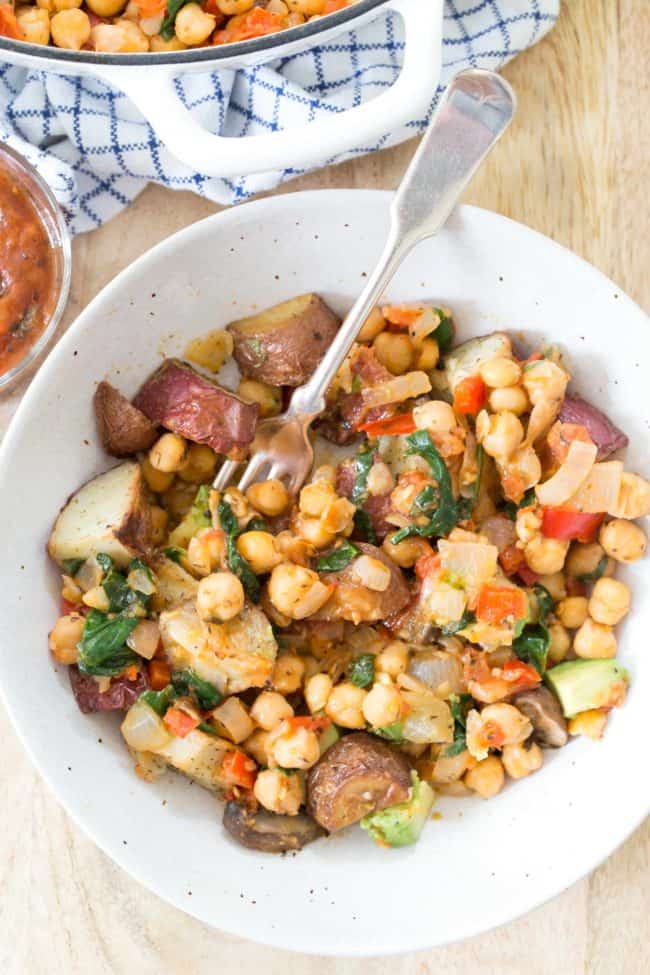 bowl of chickpeas and roasted potatoes