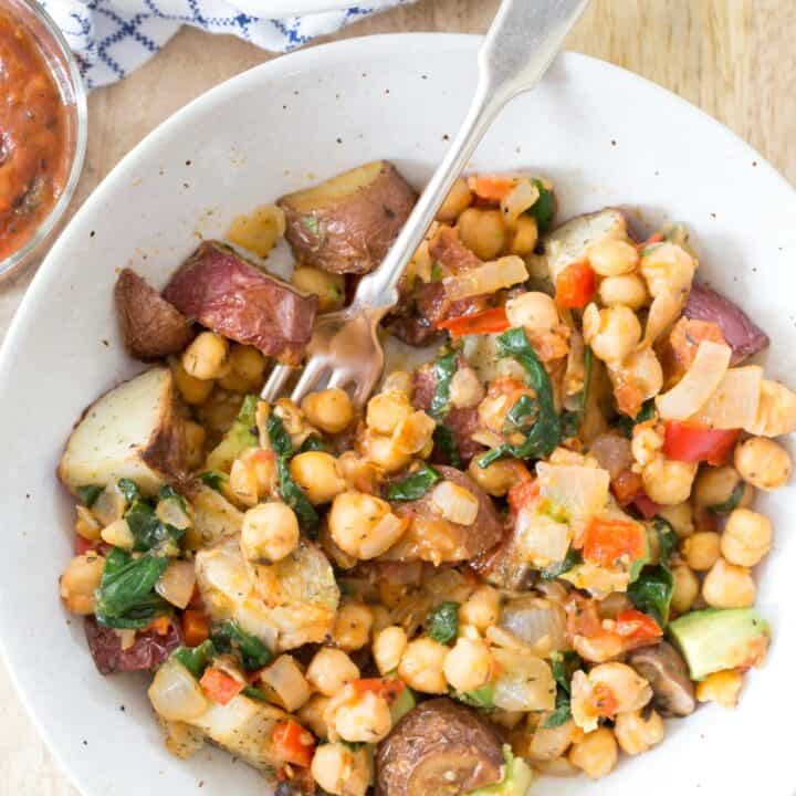 bowl of chickpeas and roasted potatoes