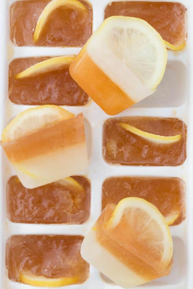 These refreshing Arnold Palmer Ice Cubes keep tea from diluting and they add a pop of flavor to a tall glass of lemonade and water