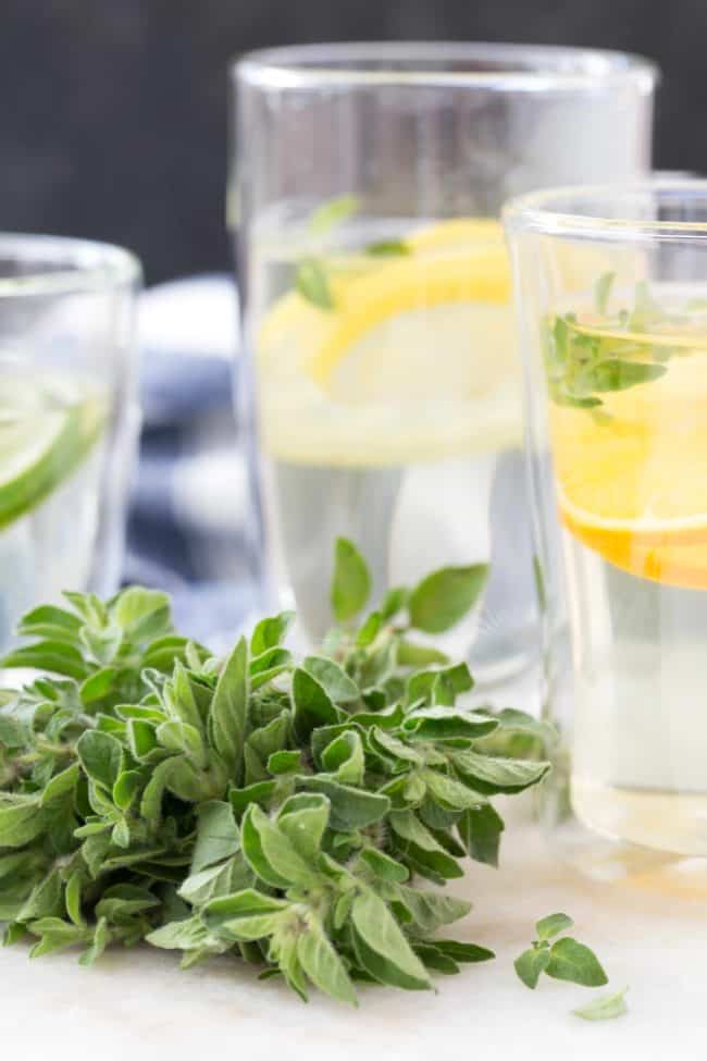Two clear cups of water with herbs and orange slices.