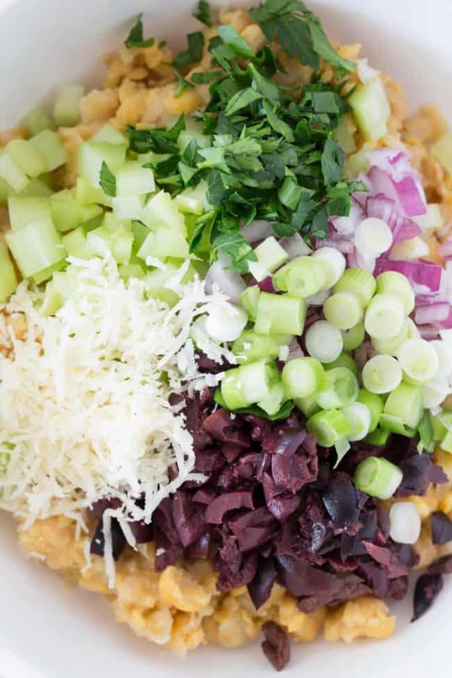 This Chickpea Tuna Salad is made with canned chickpeas, onion, celery, kalamata olives, parsley and parmesan cheese all tossed in a delicious dressing