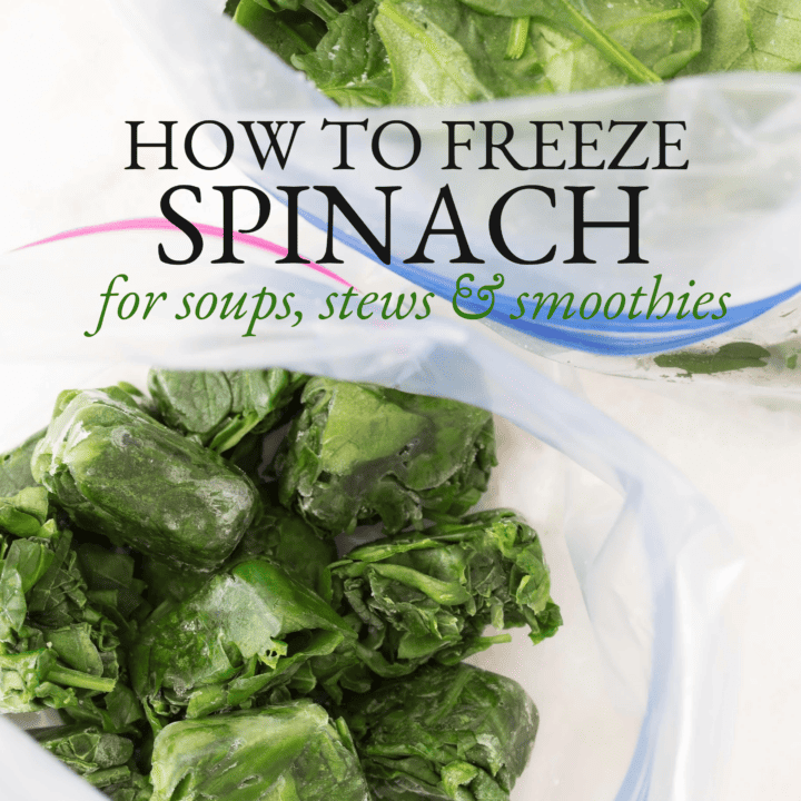 Two plastic bags opened - one filled with frozen spinach ice cubes and the other with frozen spinach leaves