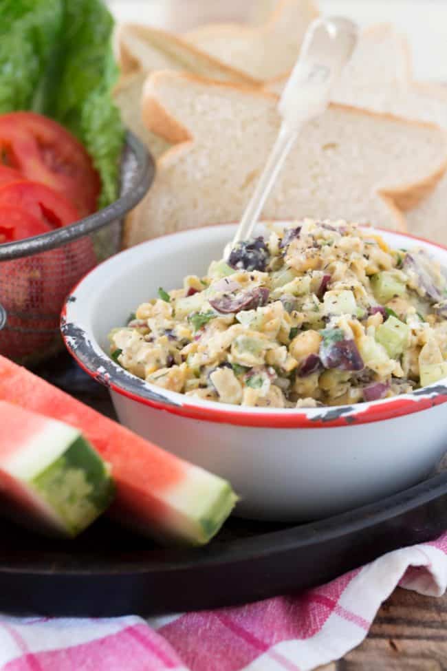 This Chickpea Tuna Salad is made with canned chickpeas, onion, celery, kalamata olives, parsley and parmesan cheese all tossed in a delicious dressing