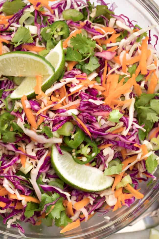 bowl of shredded cabbage for Mexican coleslaw