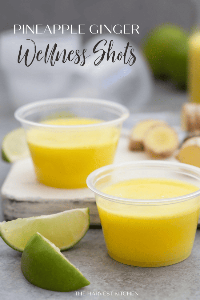 Small plastic cups of ginger shot (recipe).