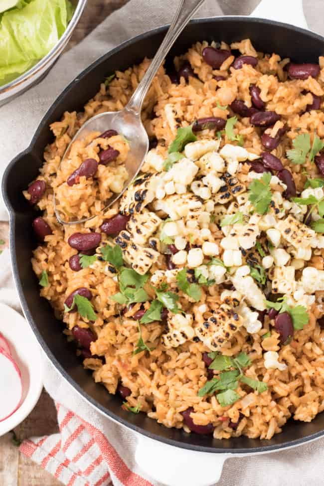 skillet of Spanish rice and beans