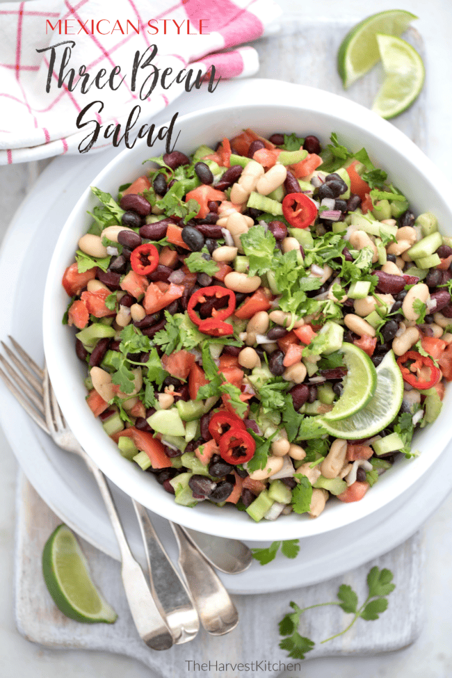 A white bowl filled with three bean salad. Red and white dish towel next to the bowl with a serving spoon.