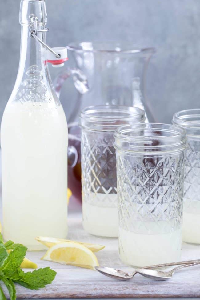 Clear drinking glasses filled with lemonade 