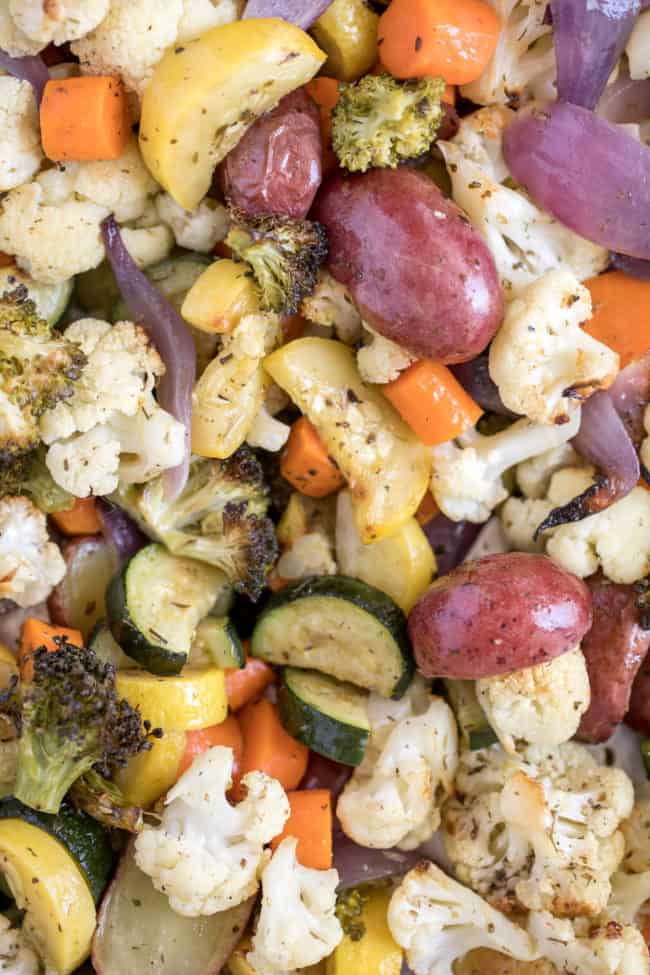 A cookie sheet filled with roasted vegetables