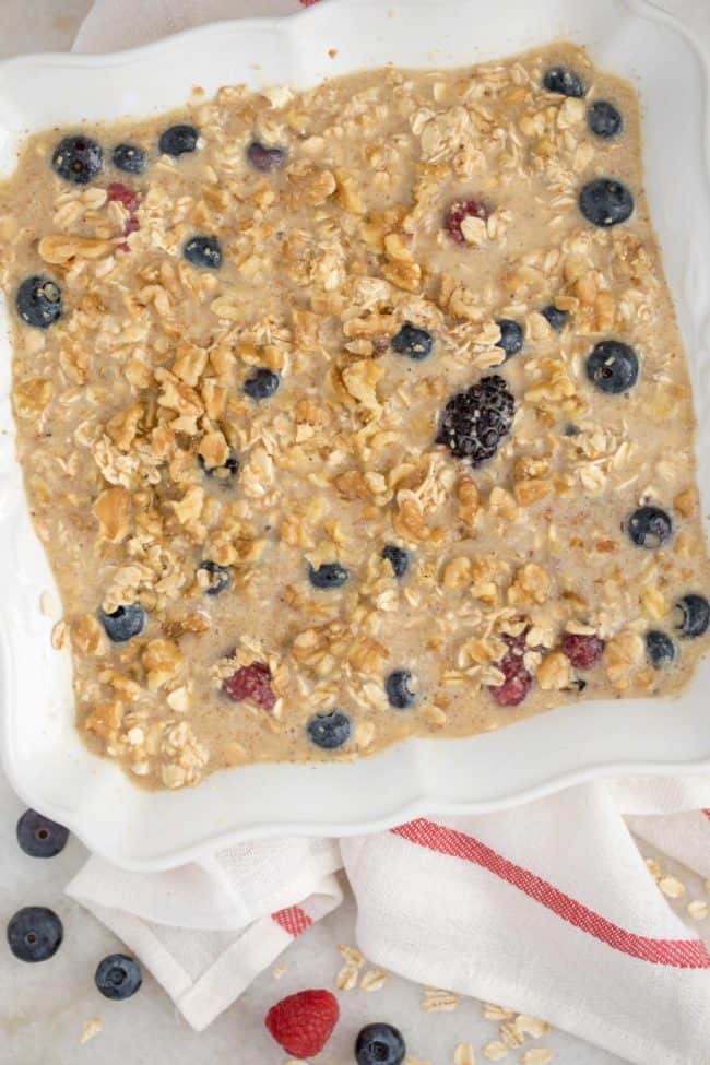 This Baked Oatmeal is studded with a mix of berries and naturally sweetened with frozen bananas and pure maple syrup