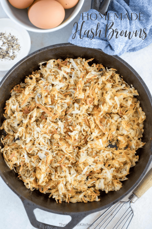 A skillet filled with homemade hash browns.