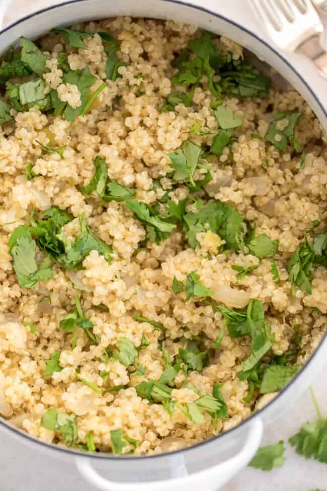white pot filled with cooked quinoa fluffed with chopped cilantro