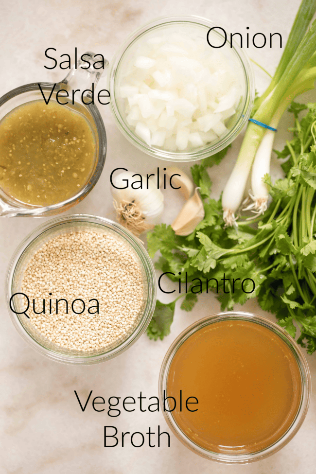 glass cups with quinoa, onion, vegetable broth and salsa verde