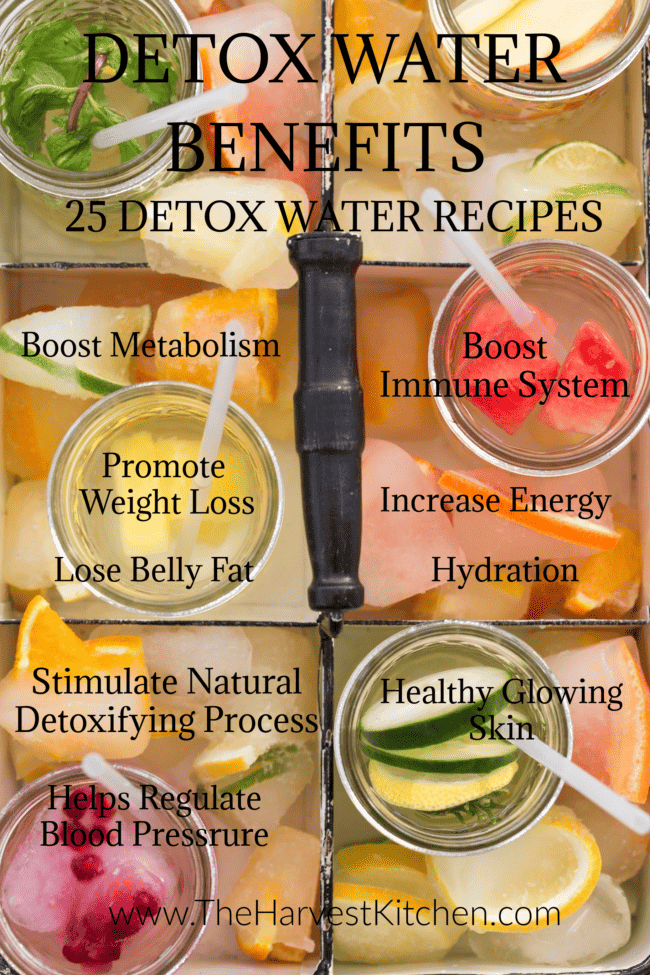 Several glasses filled with fruit and water for detox water ingredients.