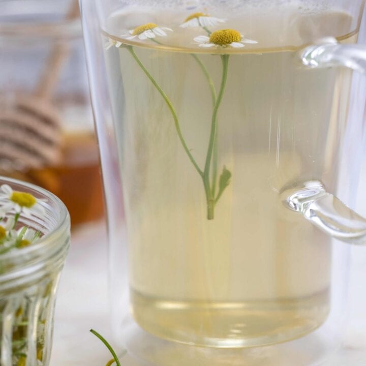 glass cup with chamomile tea