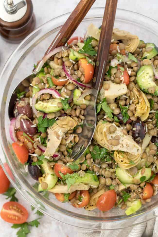 bowl of tossed lentil salad