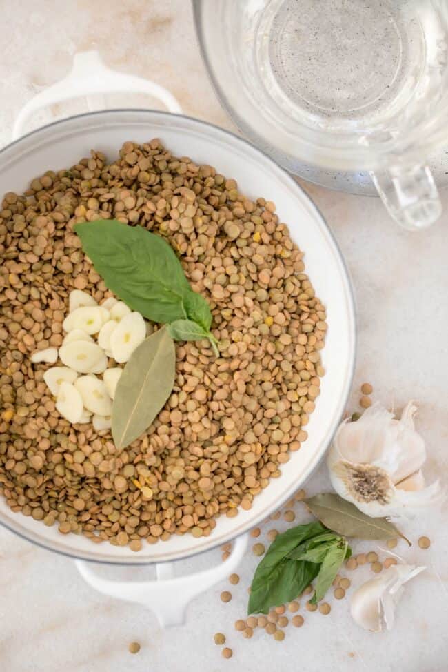 white pot with lentils, garlic and basil