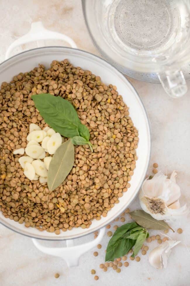 A white pot with legumes, garlic and basil.