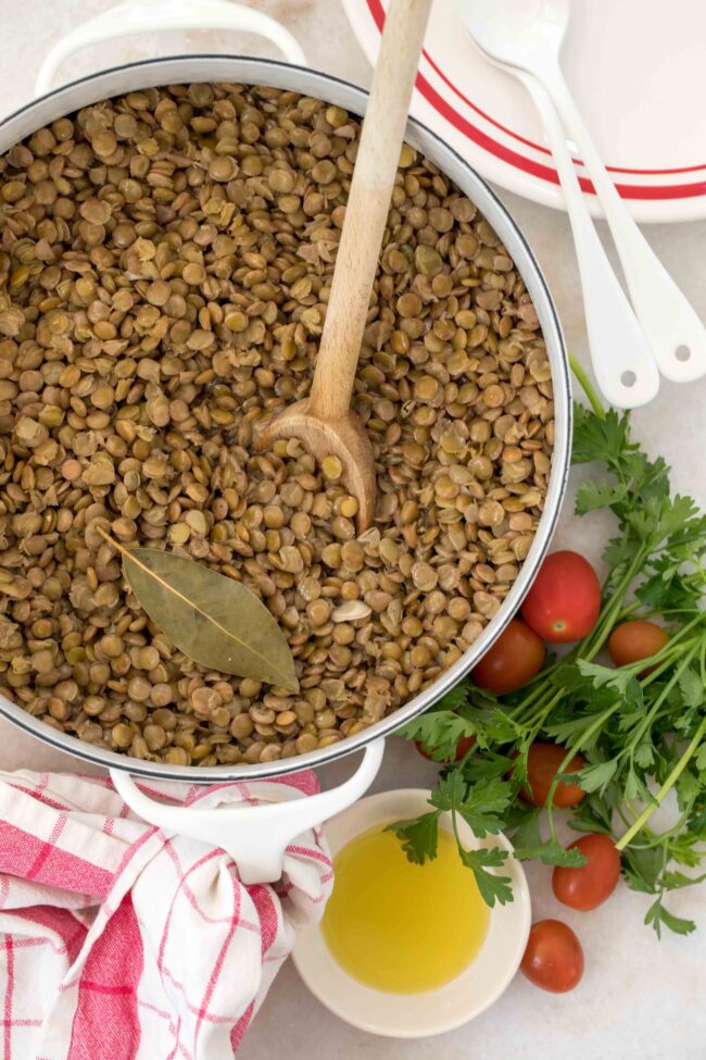 white pot with cooked lentils