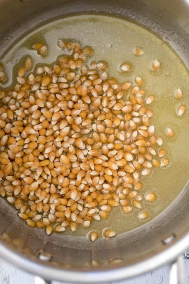 A pot with melted butter and corn kernels for sweet and salty popcorn.
