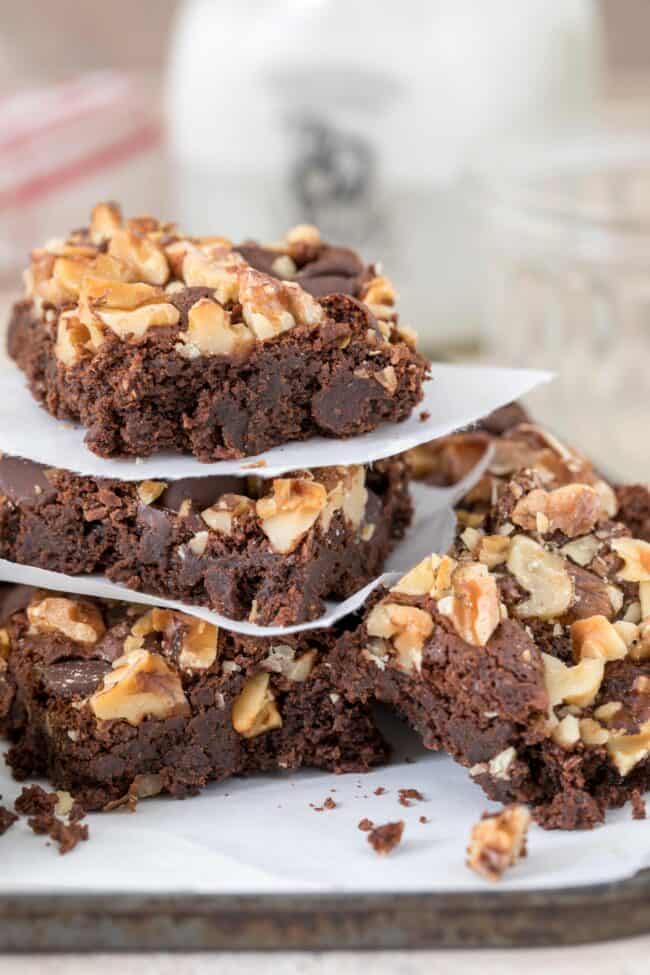 Baking tray filled with fudgy brownies (almond flour brownies)