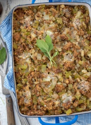 Blue baking dish with bread stuffing