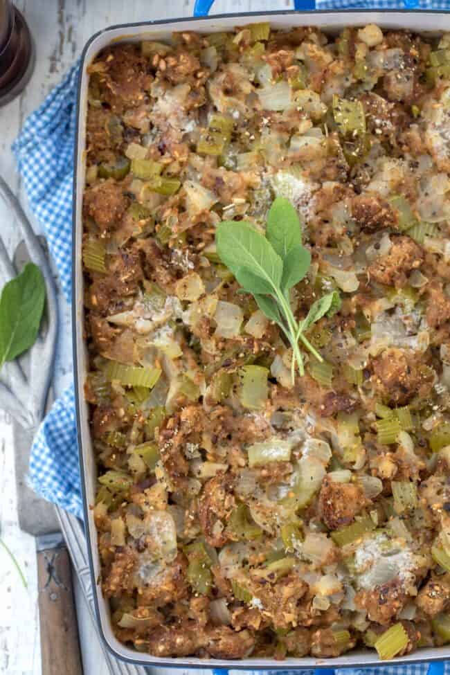 Blue baking dish filled with casserole