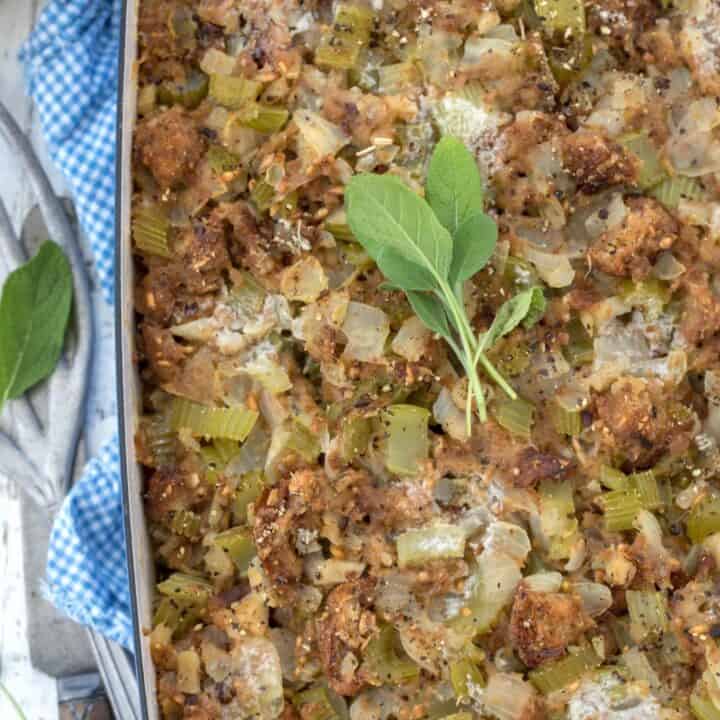baking dish with bread stuffing