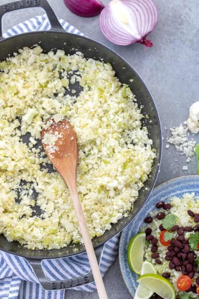 A skillet of cauliflower rice.