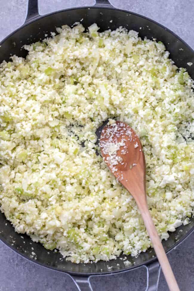 A skillet of cauliflower rice.
