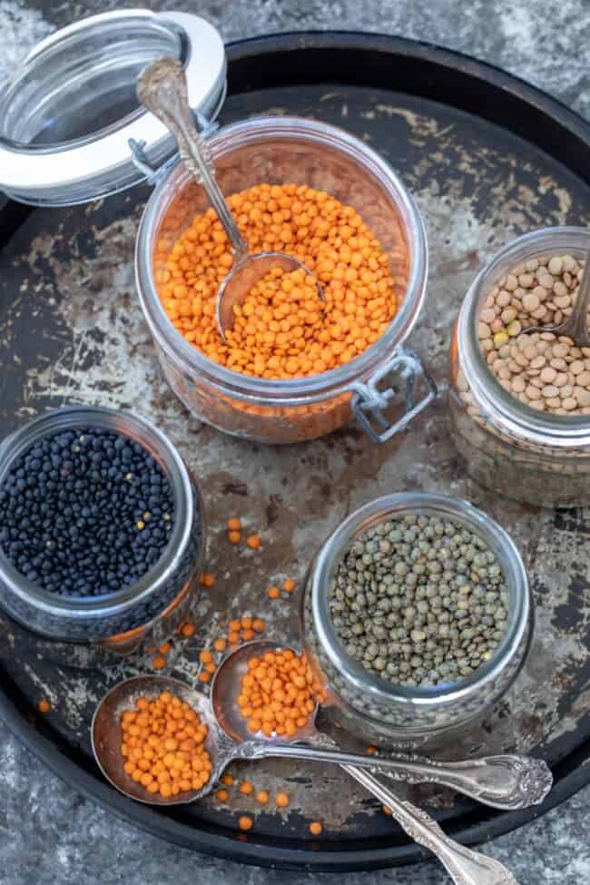 jars of types of lentils for meatless meals